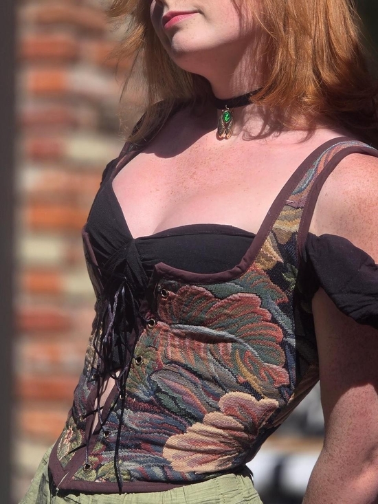 Handmade Tops - Handmade Upcycled Tapestry Floral Lace-Up Corset Bodice- Multicolor